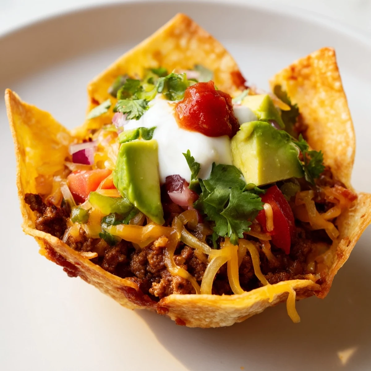 Golden, cheesy mini taco cups with seasoned beef, ready for delicious toppings and a Tex-Mex dinner.