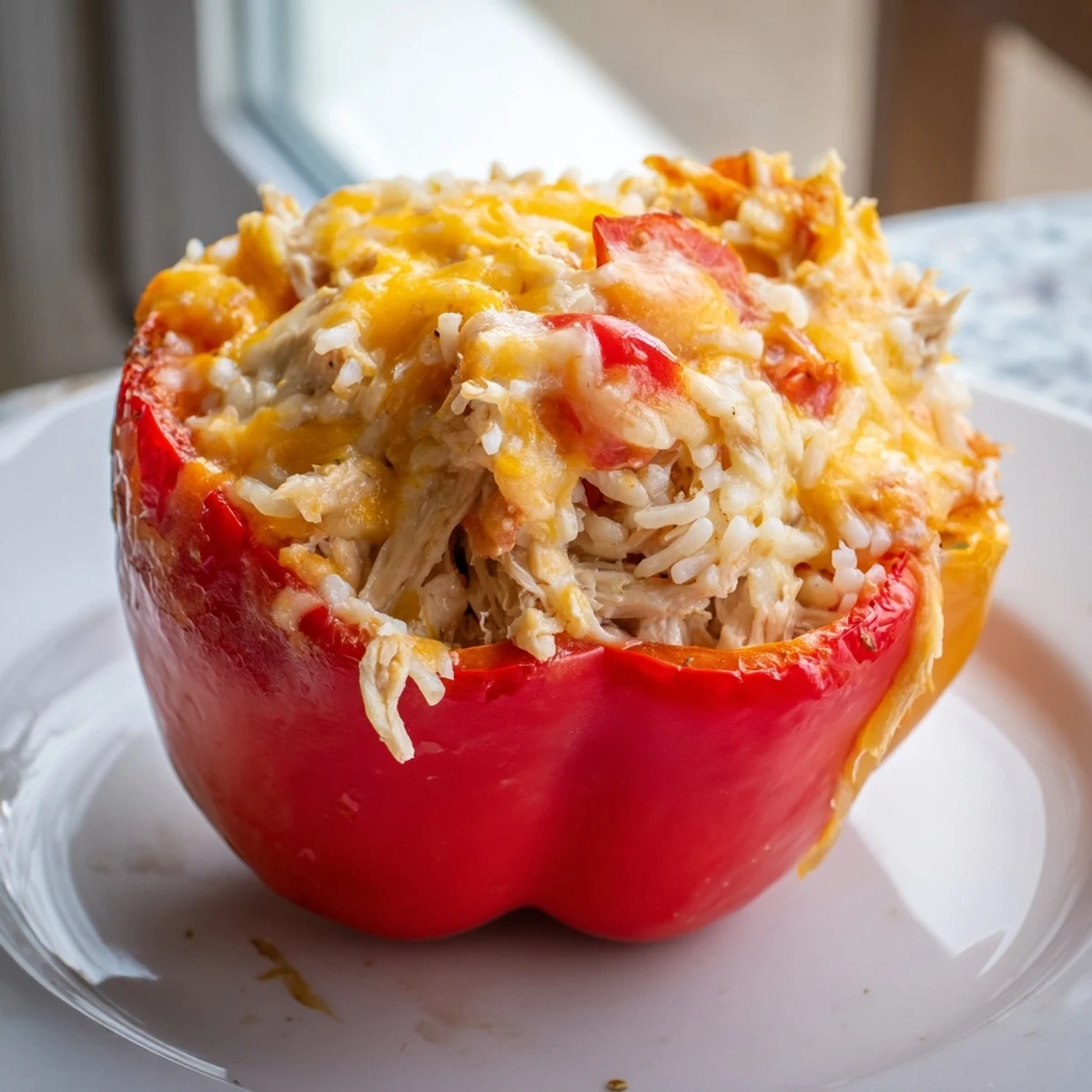 Golden, bubbly Cheesy Chicken Stuffed Peppers, a family-friendly meal with melted cheddar.