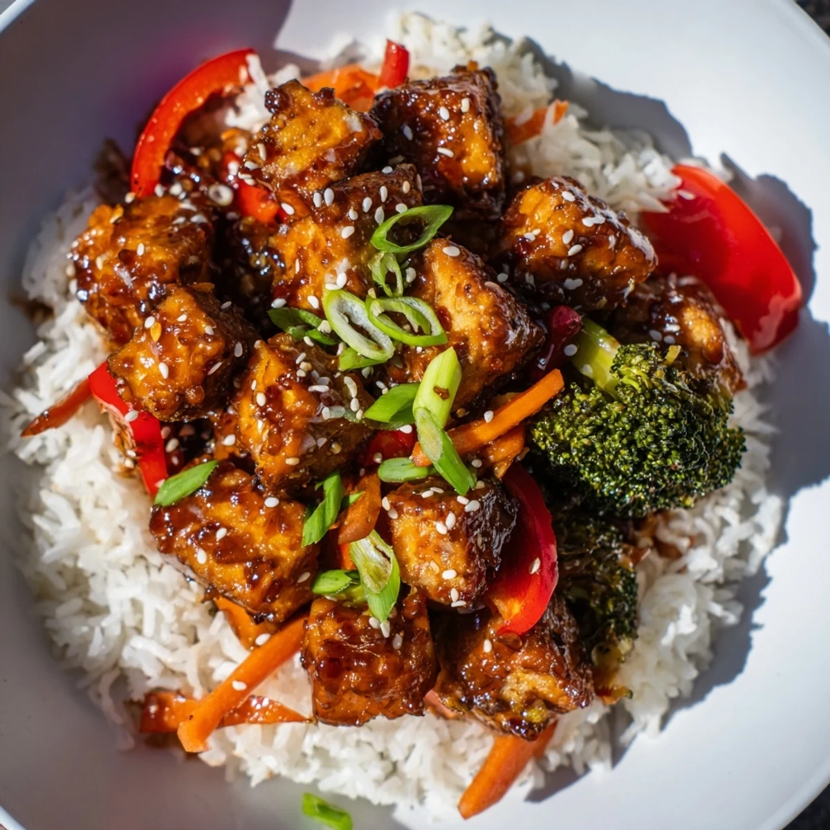 Golden, crispy Honey Garlic Tofu Bowls, with a glistening sweet-savory sauce, atop fluffy jasmine rice.