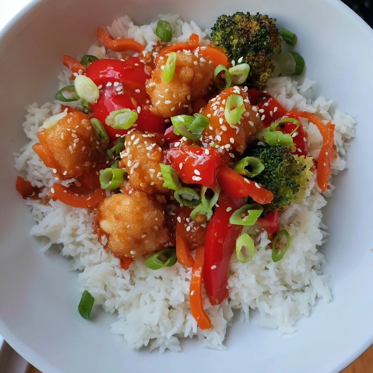 Enjoy a steaming bowl of delicious Honey Garlic Tofu including perfectly cooked tofu cubes mixed with a glossy sauce.