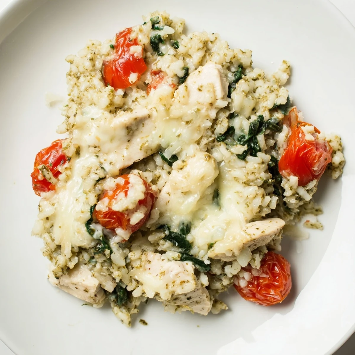 Golden, bubbly Chicken Pesto Rice Bake fresh from the oven, a delicious family dinner.