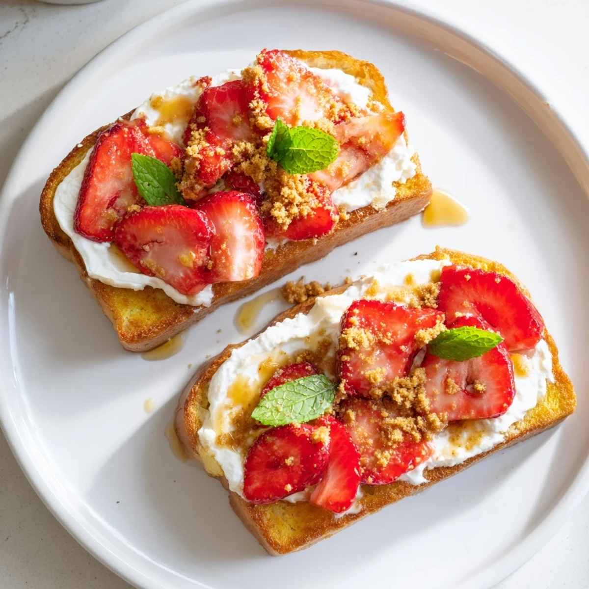 Golden-brown toasted bread piled high with luscious Strawberry Cheesecake Toast, easy breakfast delight.