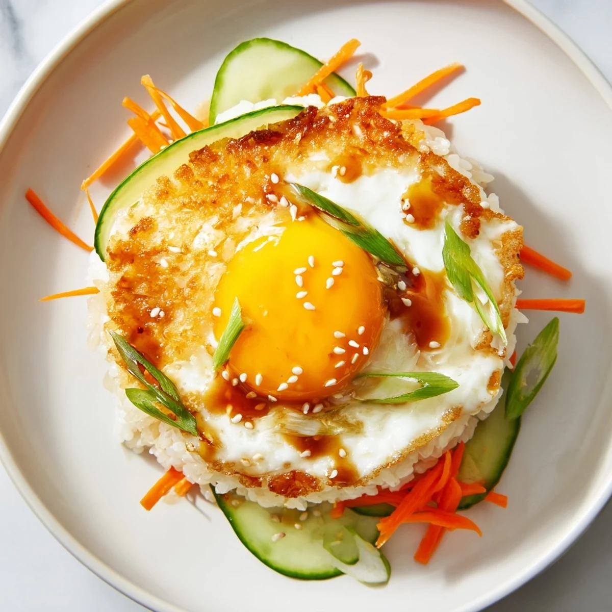 Golden, crispy egg rice bowl with a perfectly fried egg, vegetables, and savory sauce.