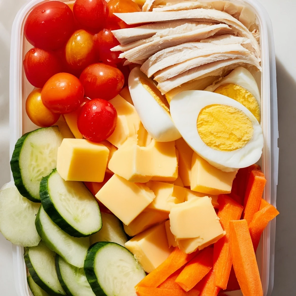 Vibrant Protein Snack Boxes: a colorful spread of protein-packed ingredients including turkey and eggs.