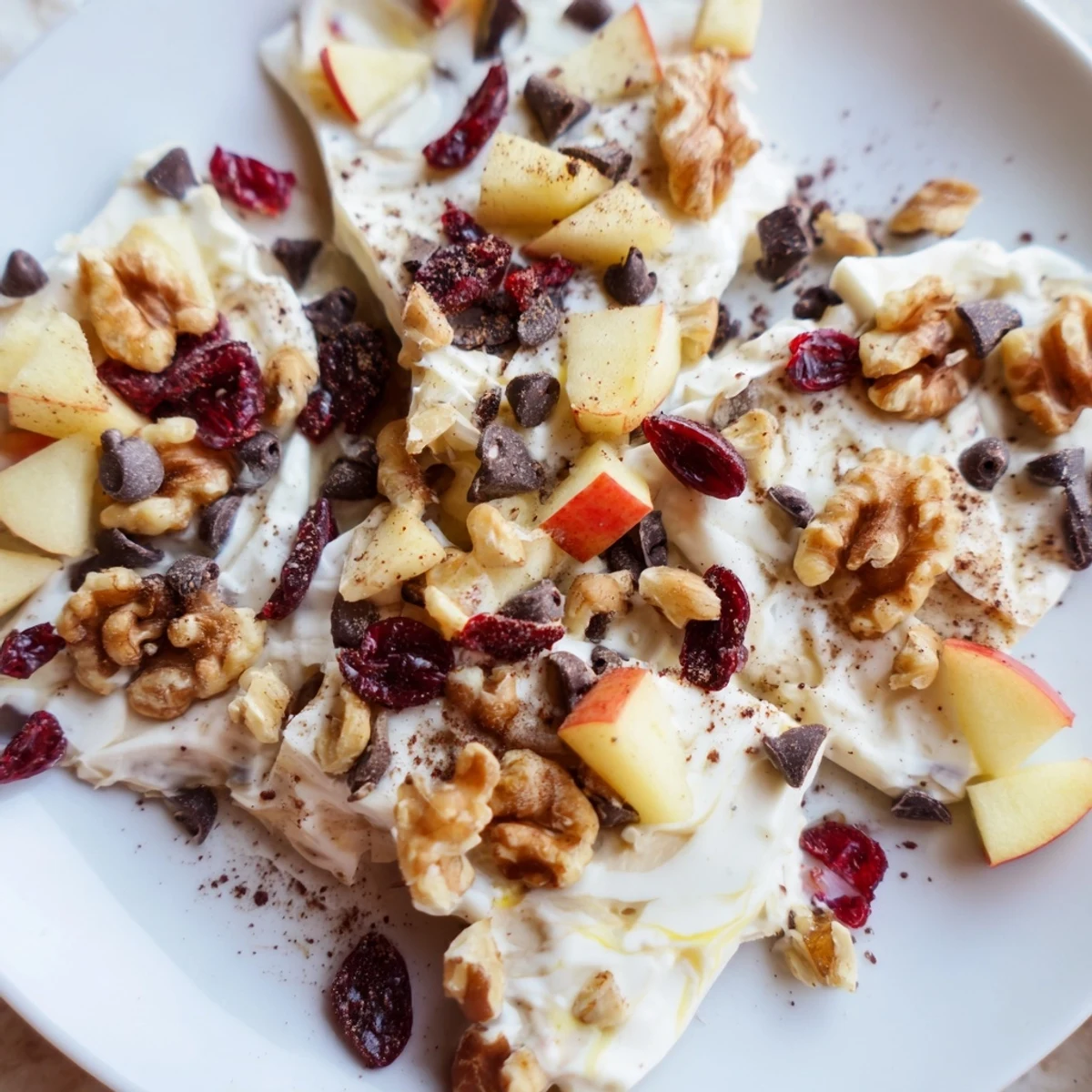 Frozen Apple Cinnamon Yogurt Bark, a refreshing snack with vibrant red diced apples and crunchy nuts.