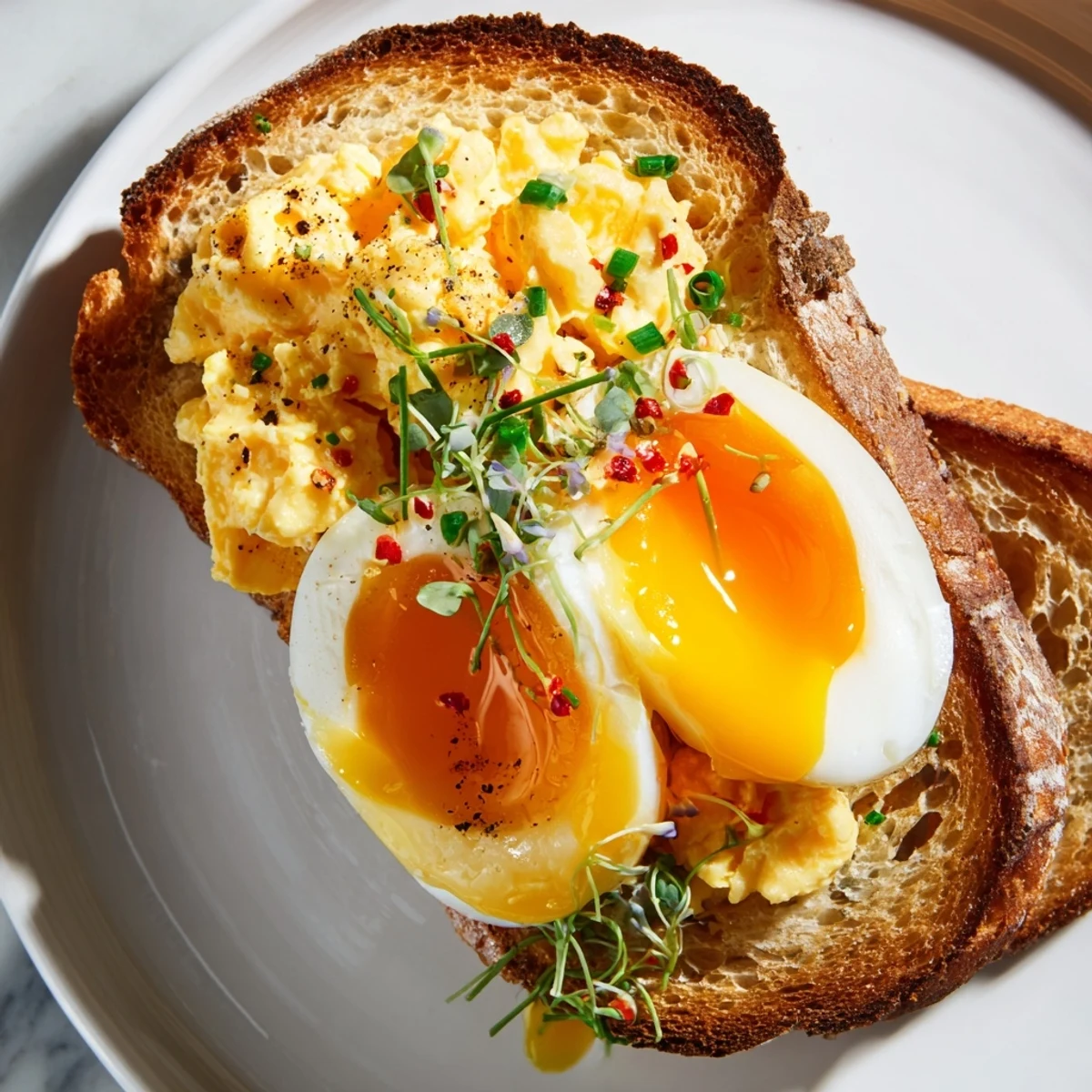 Golden, crisp Egg Flight Toast with three vibrant egg preparations, ready to enjoy.