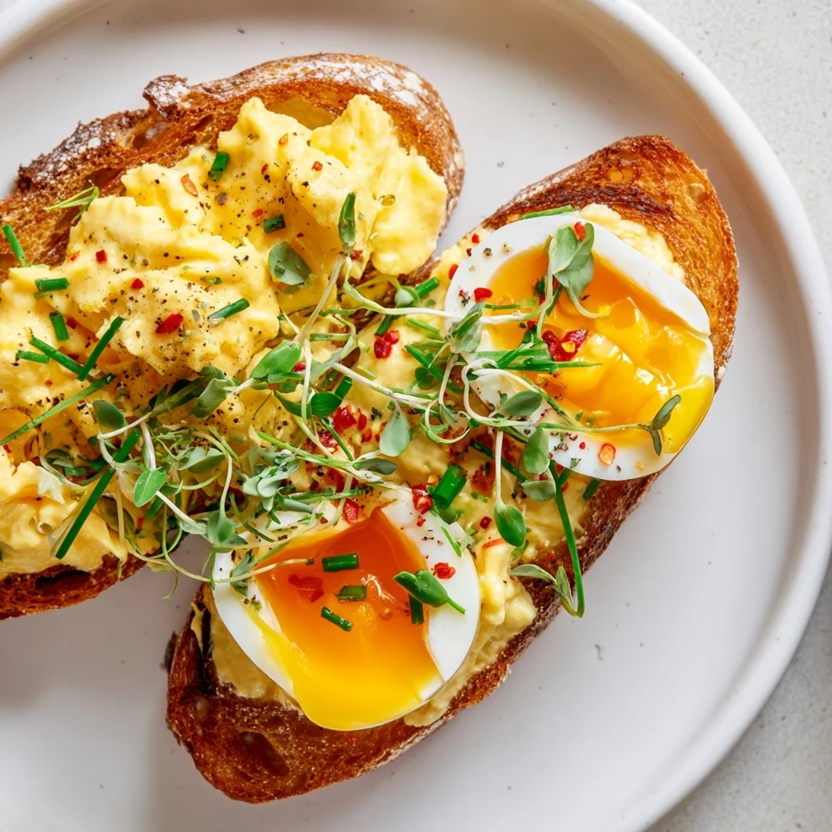 A delicious close-up of Egg Flight Toast, showcasing soft-boiled, scrambled, and fried eggs on toast.