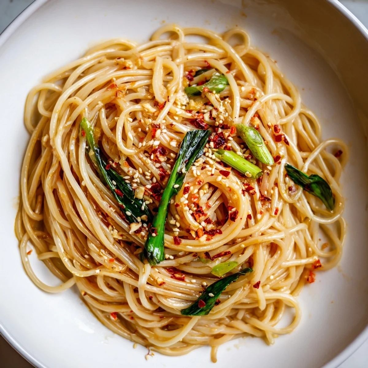 Steaming bowl of Garlic Chili Oil Noodles, with glistening strands and vibrant green scallions.
