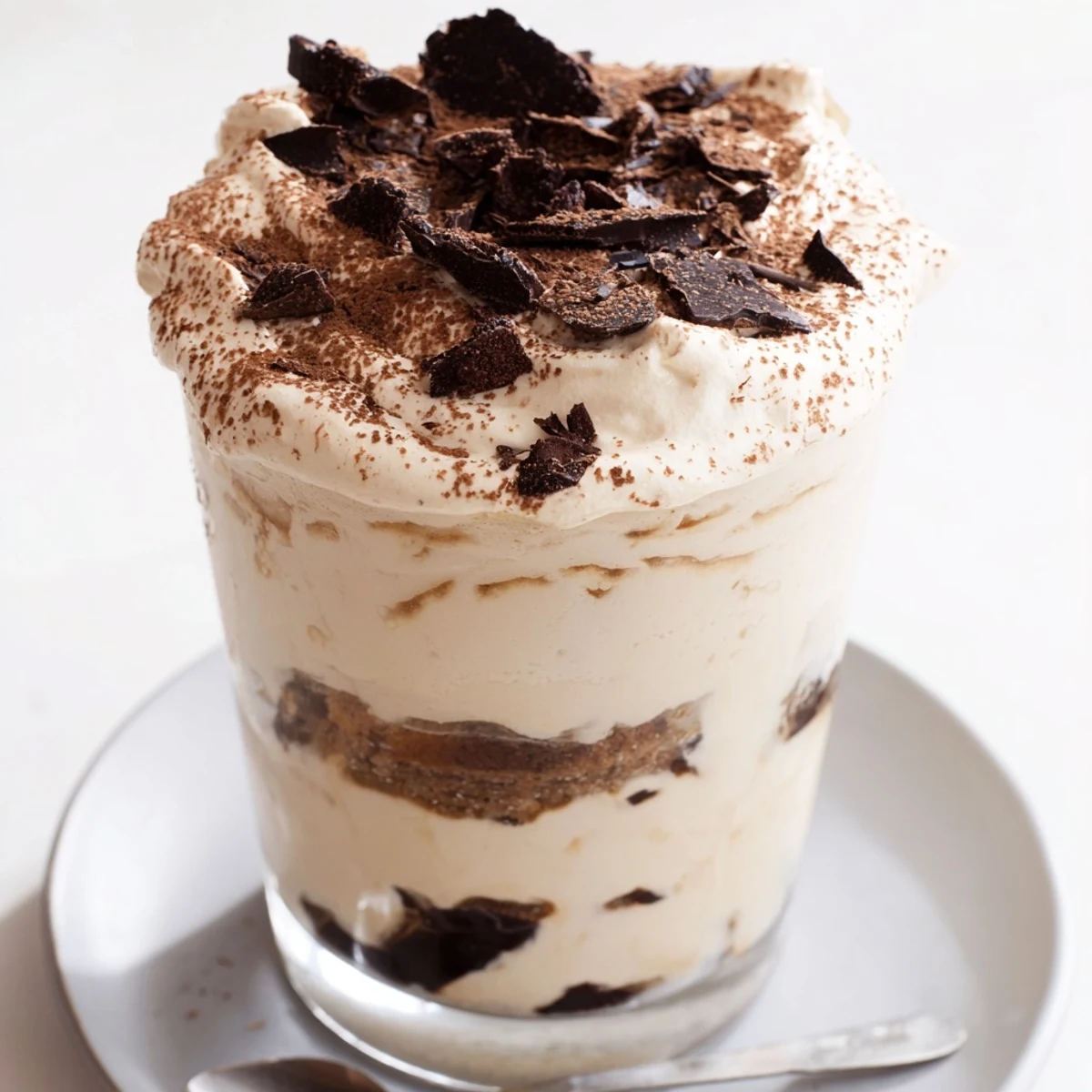 A decadent close-up of a Tiramisu Latte, beautifully dusted with cocoa, a perfect after-dinner delight.