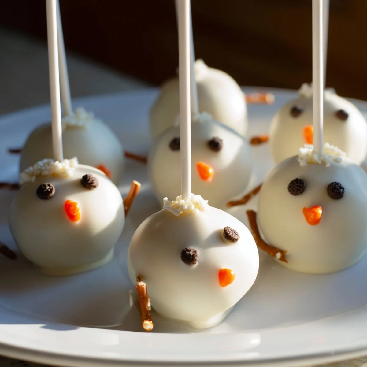 Bright white Oreo Snowman Cake Pops, decorated with pretzel arms, are a sweet Christmas treat.