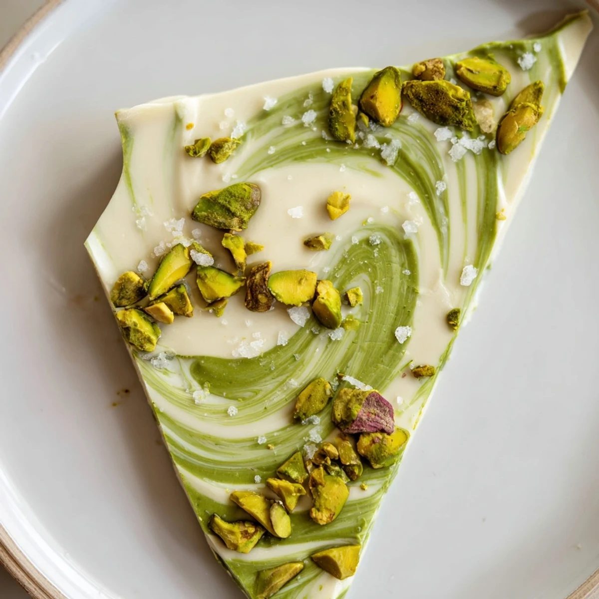 Vibrant green swirls within the easy Pistachio Matcha White Chocolate dessert, crunchy pistachios on top.