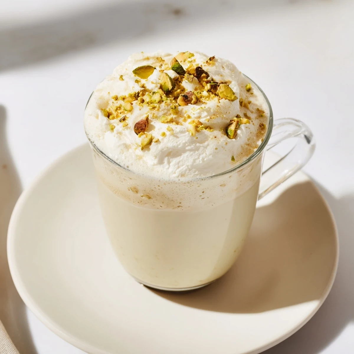 A beautifully crafted Pistachio Latte Cloud, garnished with pistachios and ready to enjoy now.