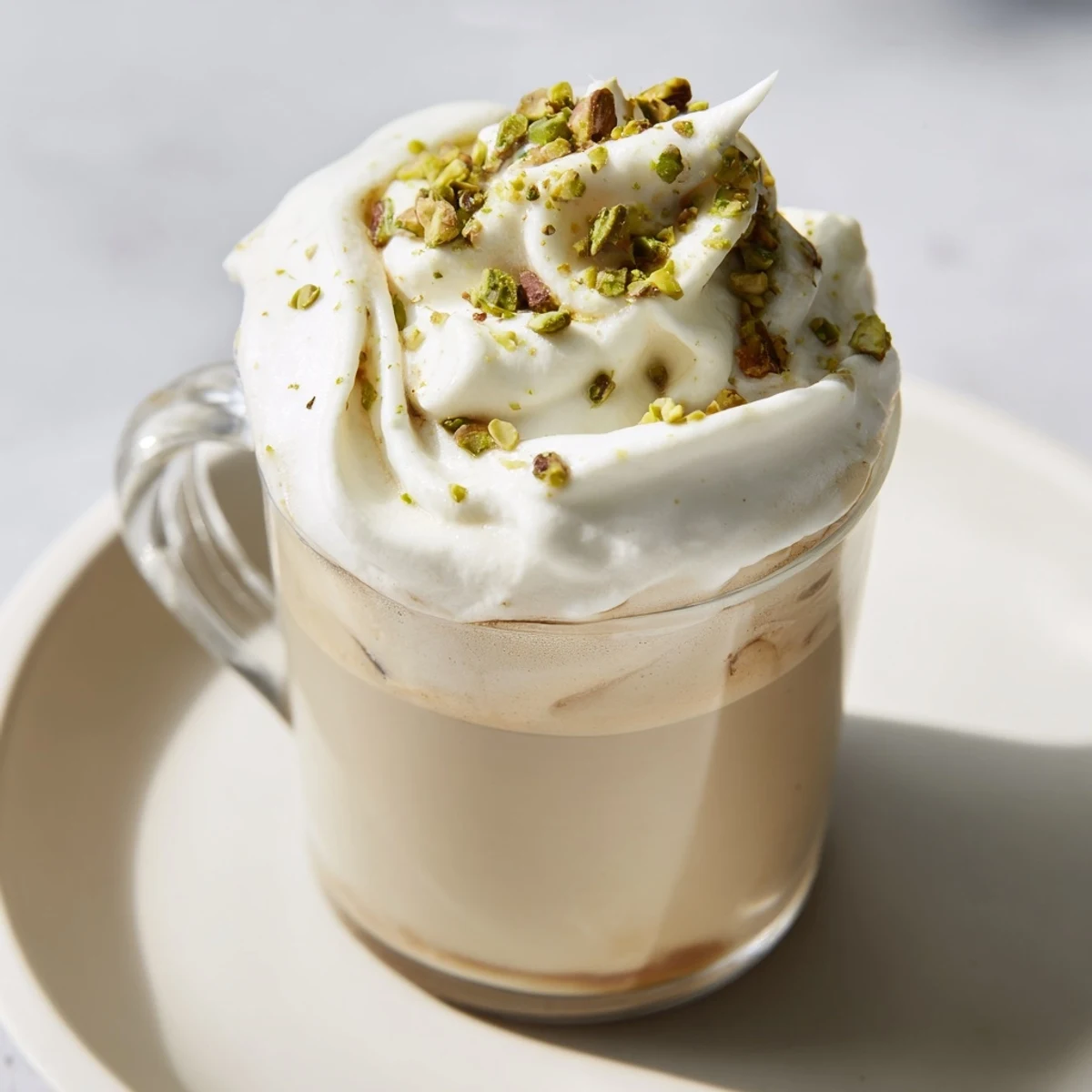 Rich, nutty Pistachio Latte Cloud topped with fluffy cold foam, a perfect cozy coffee treat.