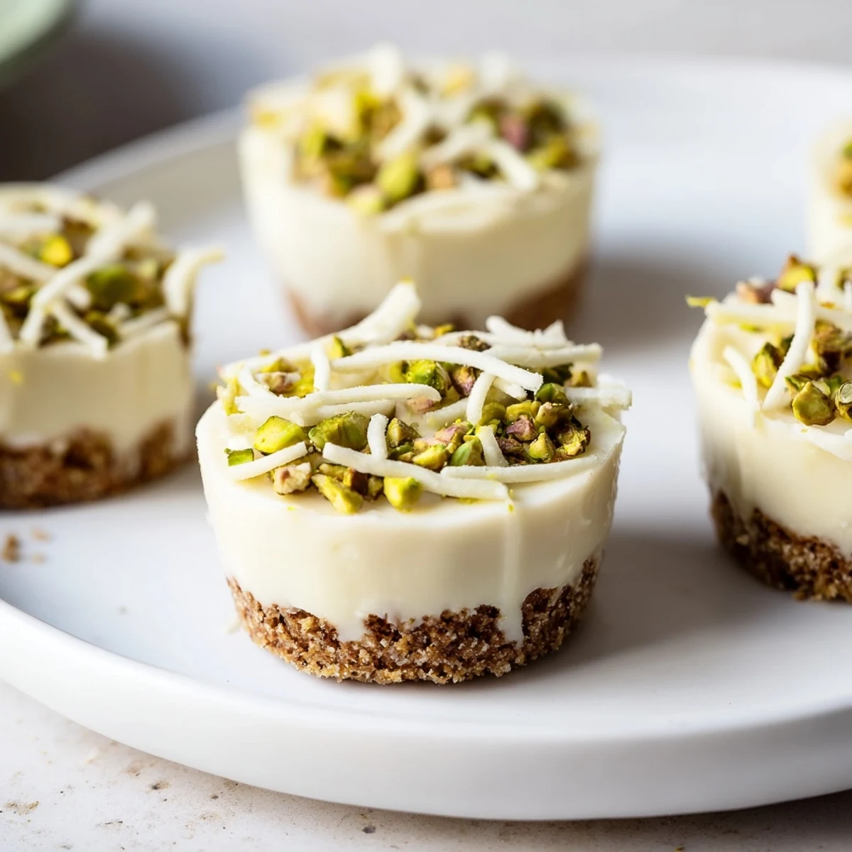 Golden Pistachio Cheesecake Bites—creamy, smooth, and delicious—topped with chopped pistachios on a serving plate.