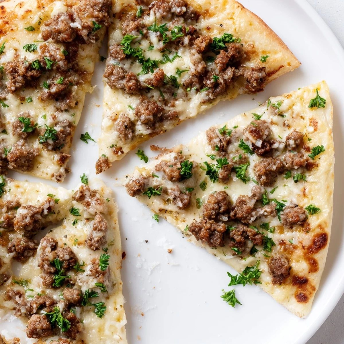 Ground Beef Alfredo Pizza, bubbly mozzarella melts over a savory ground beef and creamy Alfredo base.