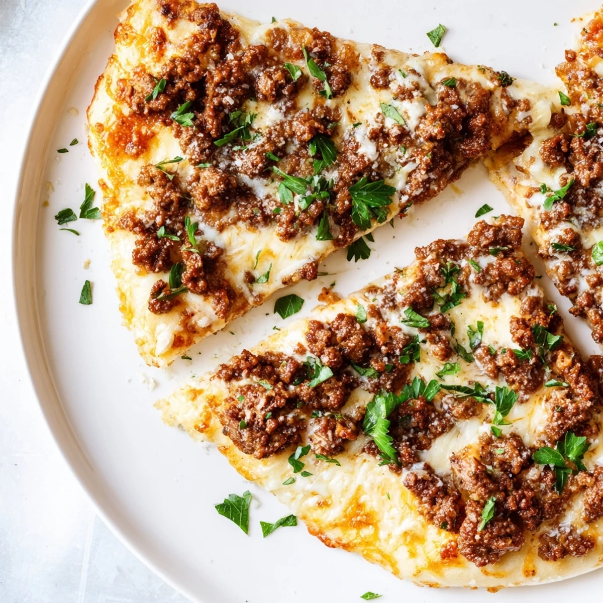 A freshly baked Ground Beef Alfredo Pizza showing off crispy crust and a rich, cheesy topping.