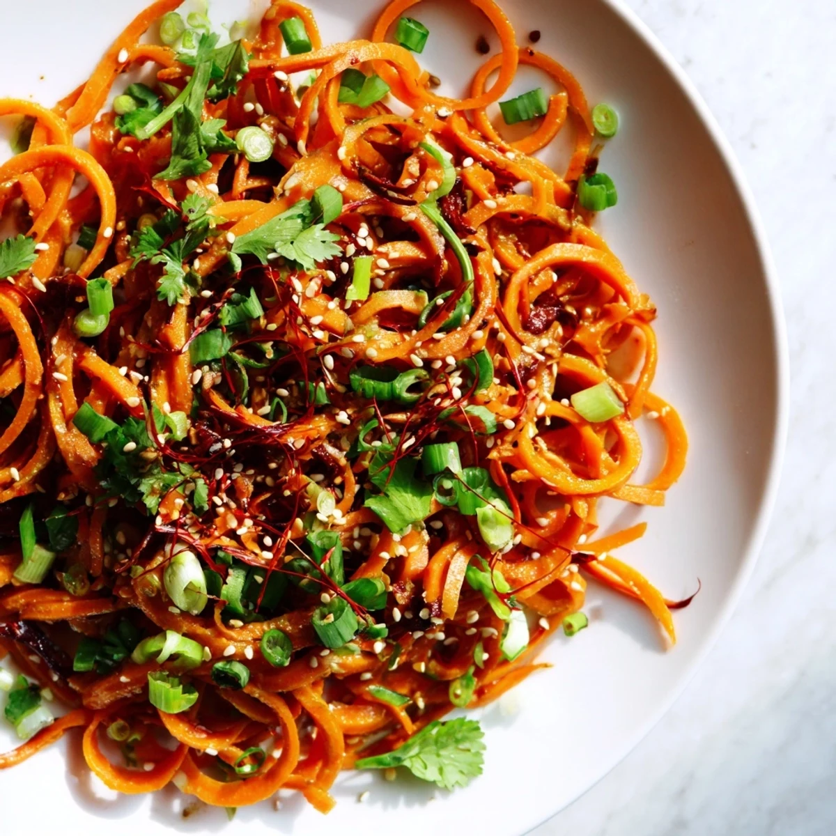 Freshly tossed Carrot Ribbon Salad Asian-Style, with visible green onions and red chili, looks so delicious.