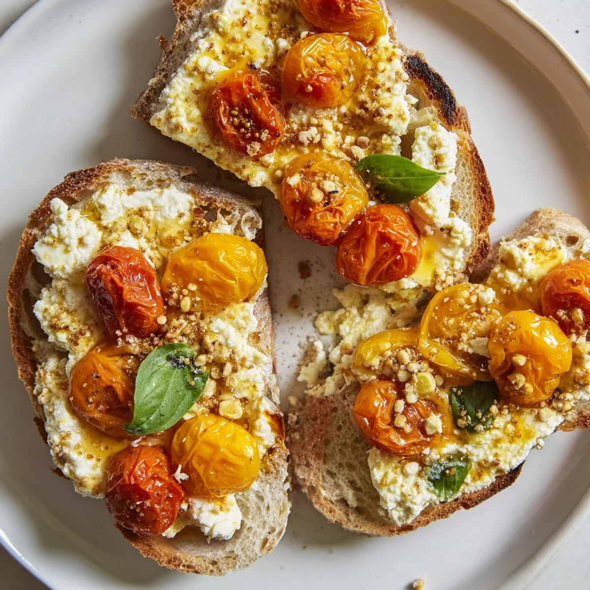 Warm baked feta toast with vibrant basil and tomatoes, an easy Mediterranean flavor combination that is so delicious.