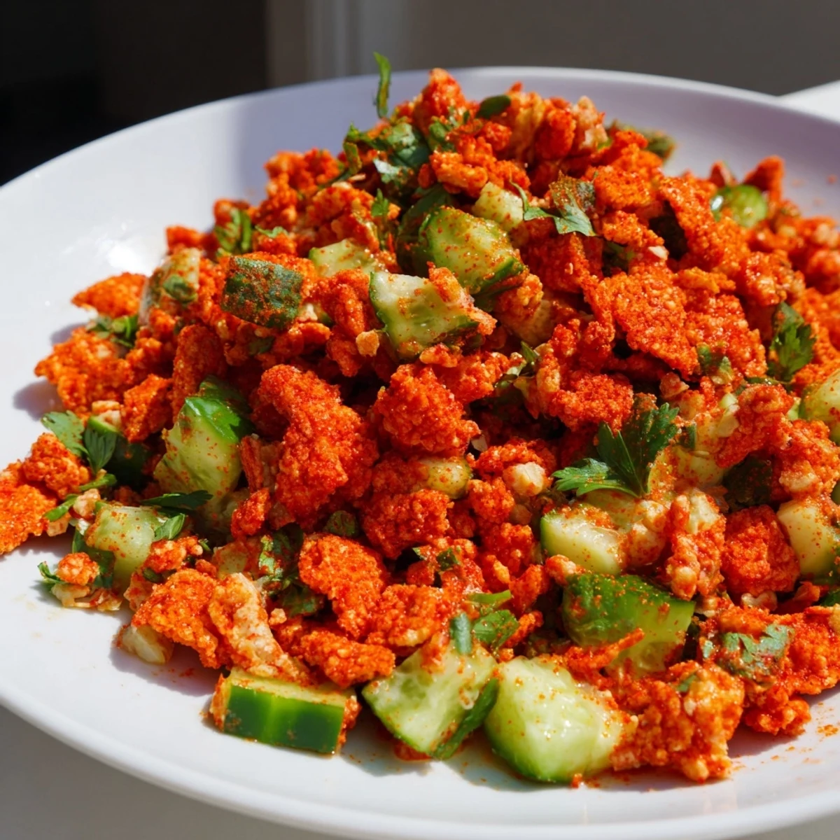 Delicious Flamin Hot Cheeto Salad, tossed with a spicy dressing in a clear glass bowl, ready to enjoy.