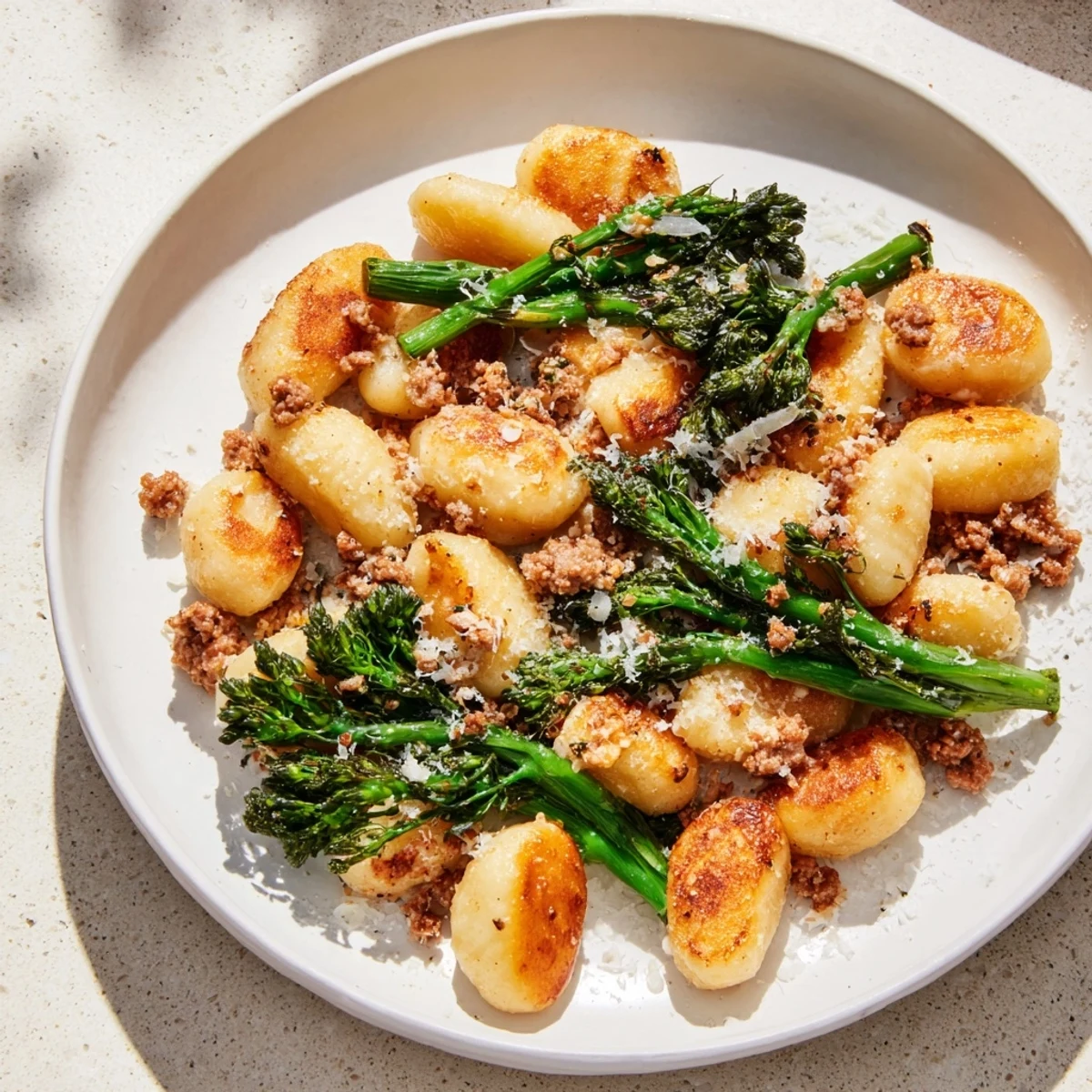Golden-brown sheet pan gnocchi bake with savory sausage and crisp broccolini, ready to serve.
