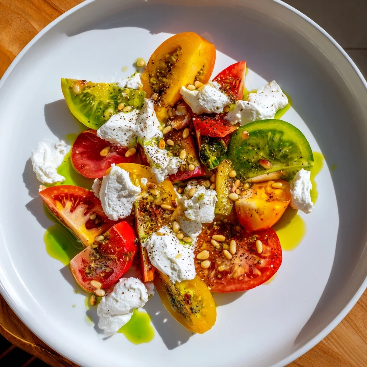 Heirloom Tomato Salad Board with vibrant tomatoes, creamy burrata, and basil oil ready to serve.