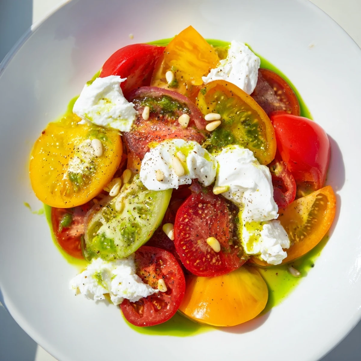This impressive Heirloom Tomato Salad Board showcases sliced heirloom tomatoes and creamy cheese, perfect for sharing.