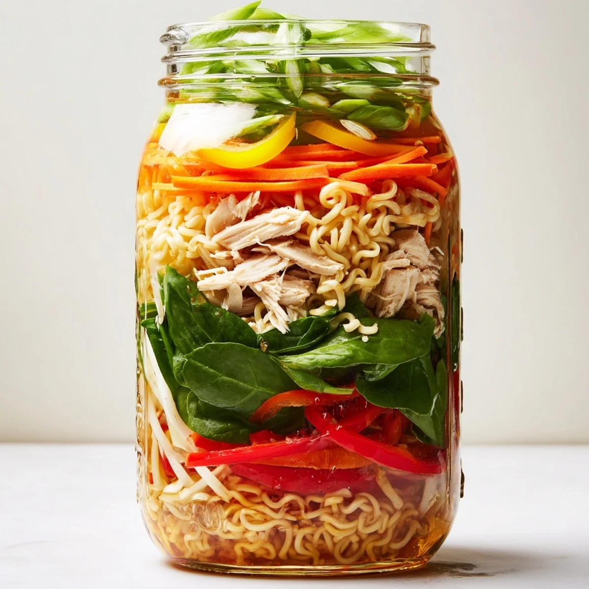 A colorful mason jar noodle meal prep with chicken, veggies, and flavorful sauce.