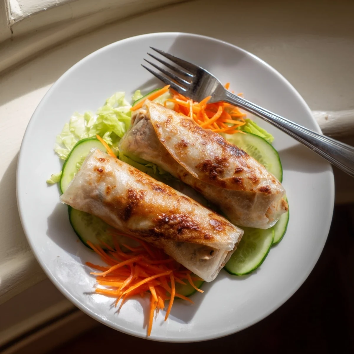 Close-up of golden-brown pan-fried Garlicky Pulled Chicken Wraps, showcasing the savory chicken filling.