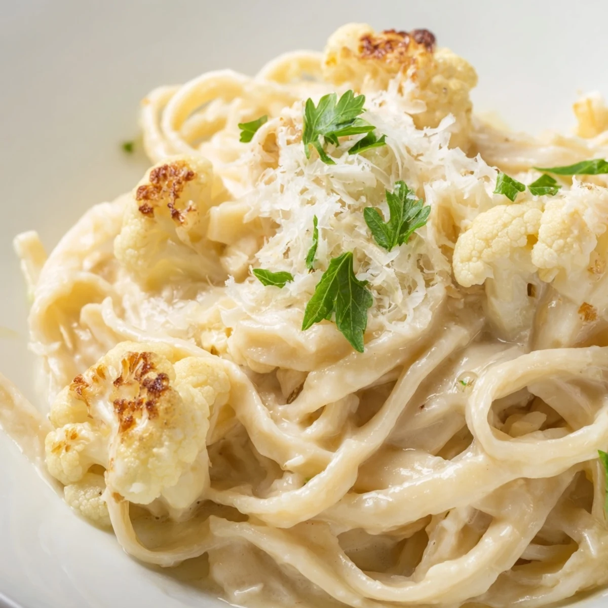 Golden roasted cauliflower florets and whole garlic cloves sit ready for blending into a creamy Roasted Cauliflower Alfredo sauce.