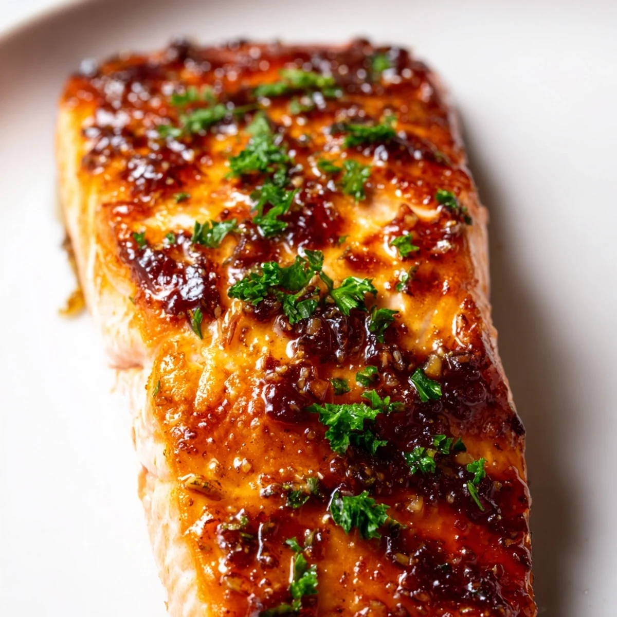 Golden-brown Honey Garlic Glazed Salmon fillets fresh from the oven, glistening with sticky sweet glaze and topped with bright green parsley.  