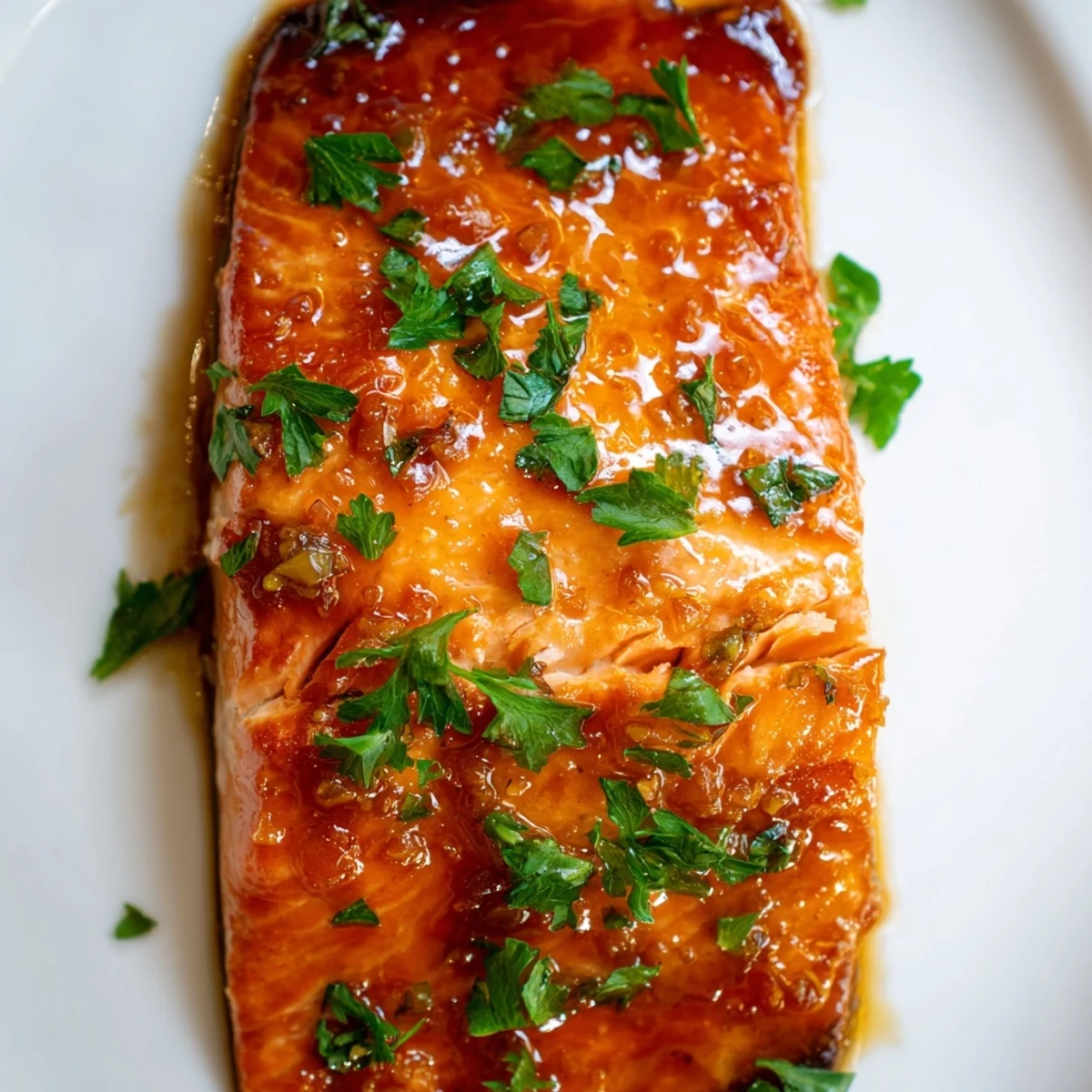 Tender salmon fillets brushed with a rich honey garlic butter glaze, served hot with lemon wedges on a rustic wooden table.  