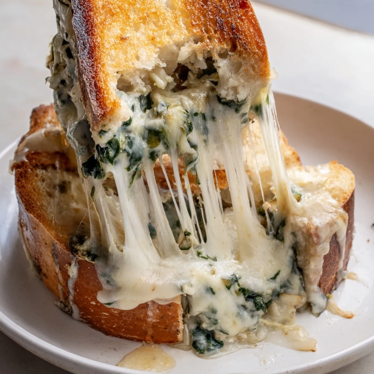 Golden-brown sourdough slices overflowing with creamy spinach artichoke grilled cheese filling, showcasing melted mozzarella on a rustic plate.