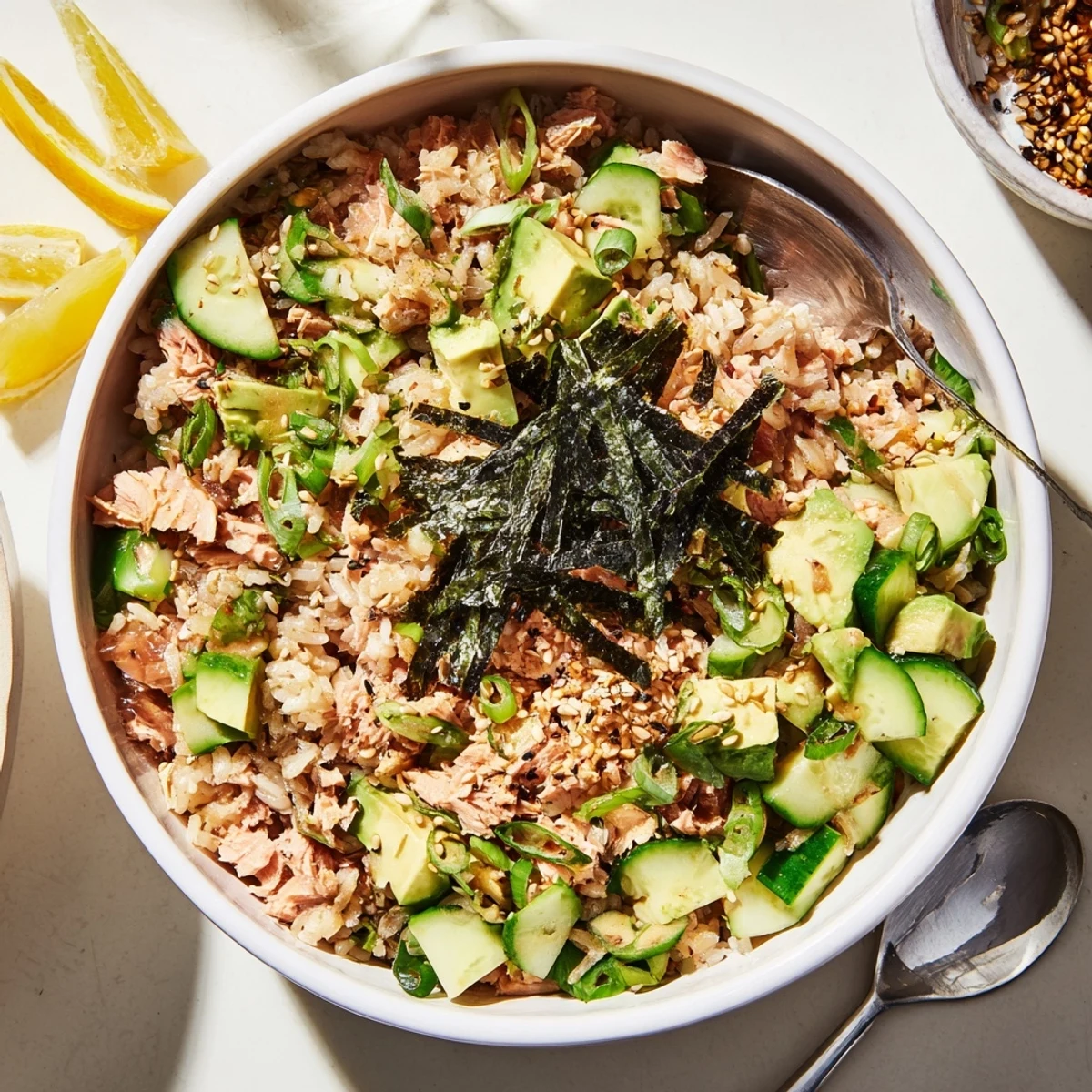 A vibrant fusion tuna avocado rice bowl with fragrant rice, diced avocado, and a spicy-sweet sriracha glaze.