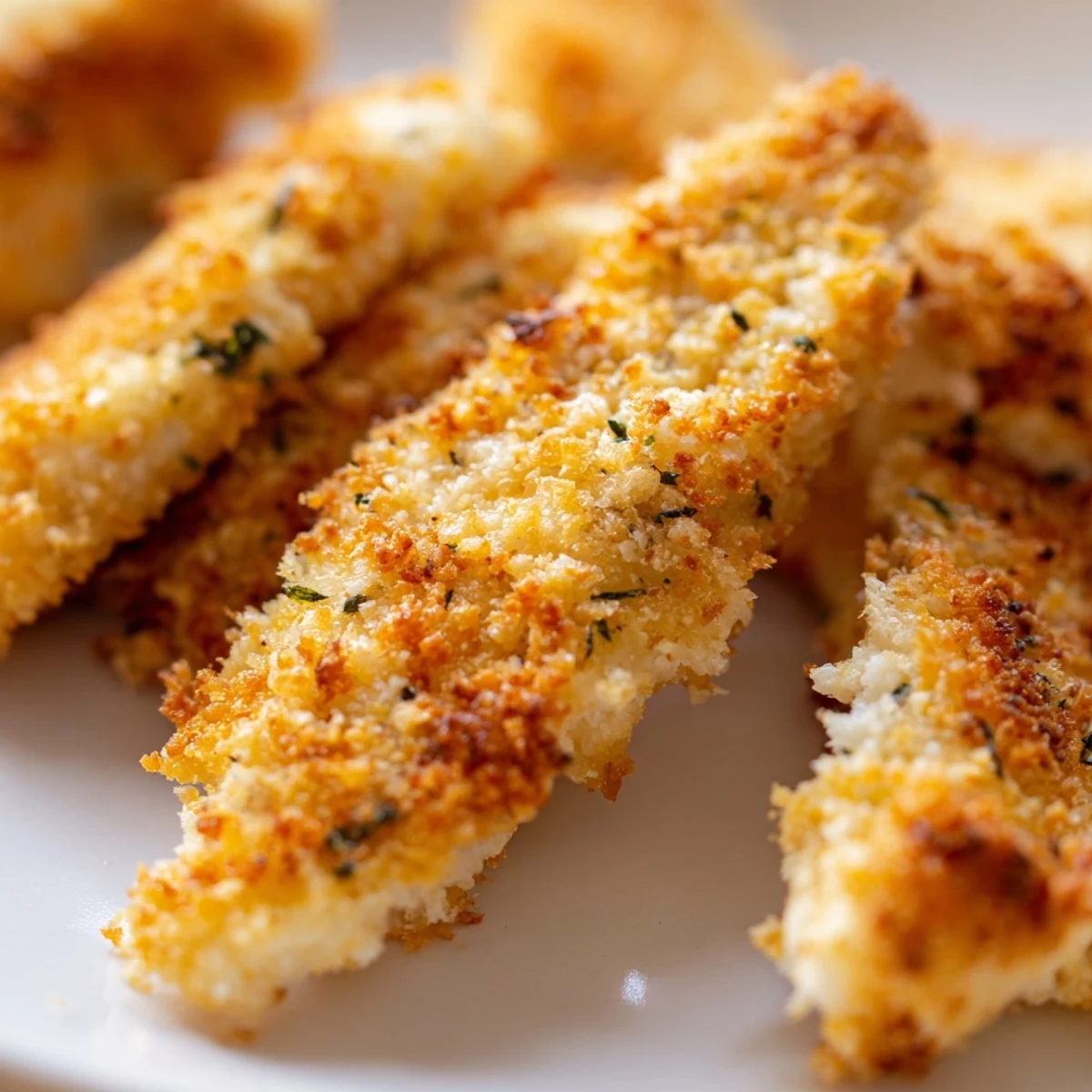 Oven-baked Crispy Panko Chicken Strips with golden, herbed crumbs served on a plate with lemon wedges and ranch dip.