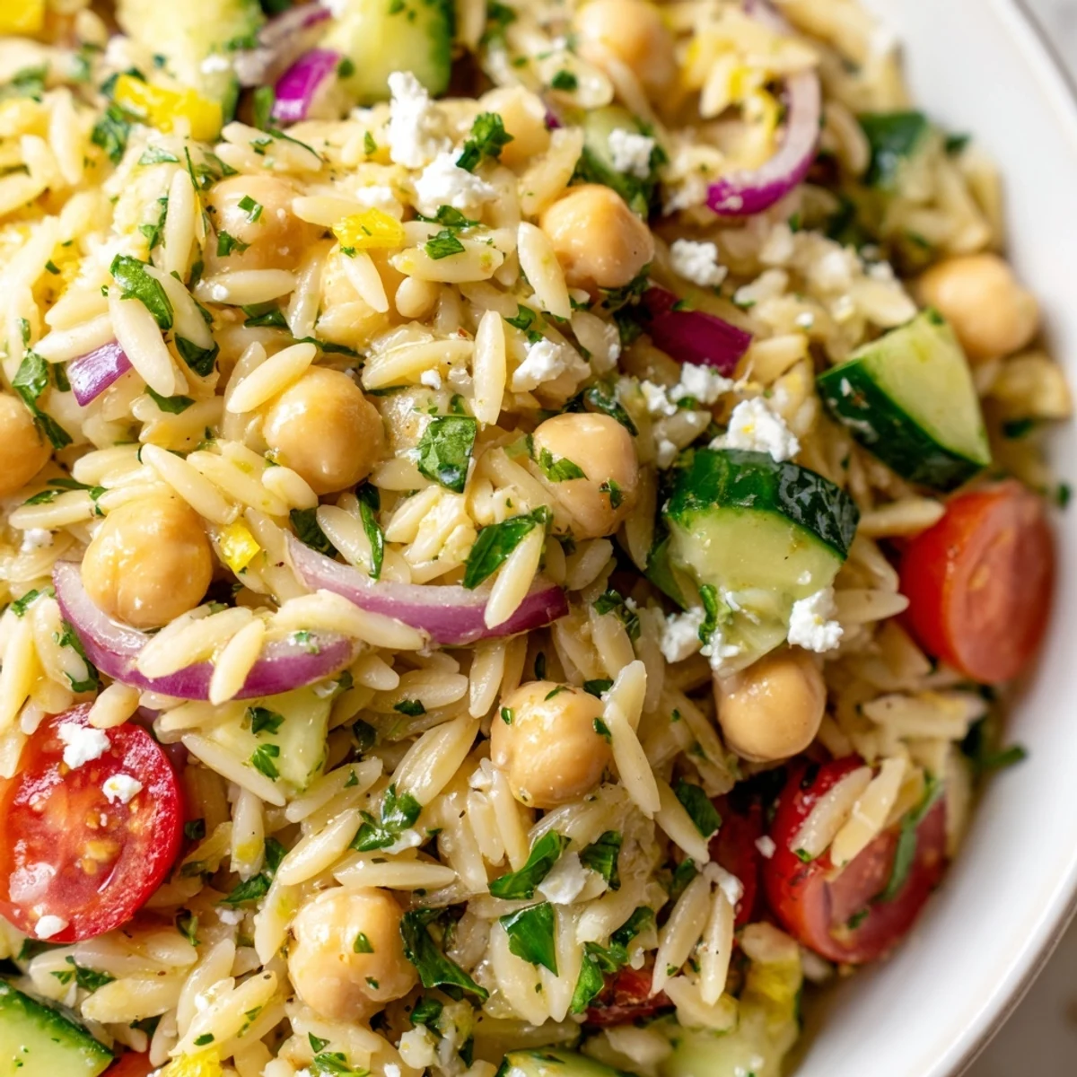 Vibrant Mediterranean Lemony Chickpea Orzo Salad featuring tender orzo, chickpeas, crisp cucumbers, and feta, ready for a light lunch.