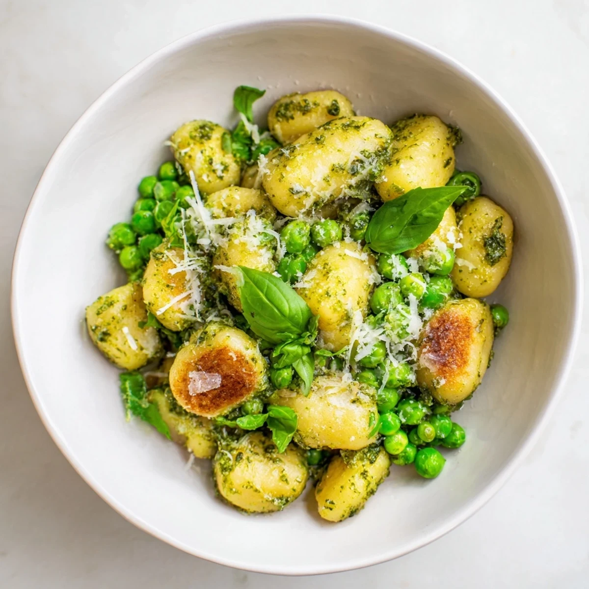 Golden, crispy pan-fried gnocchi tossed with vibrant green peas and fragrant basil pesto in a cast iron skillet.