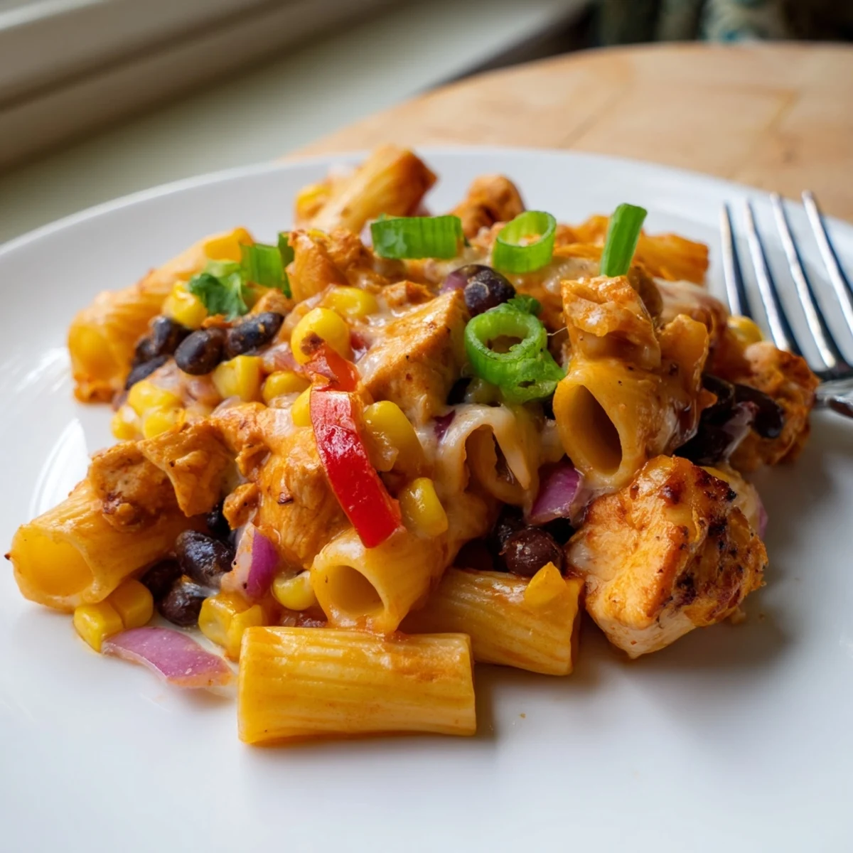 Golden, crispy chicken pieces nestled in a skillet of cheesy Tex-Mex pasta with red peppers, black beans, and corn.  