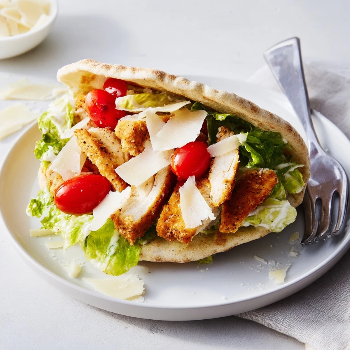 Crispy chicken Caesar pita sandwich stacked with fresh romaine, cherry tomatoes, and shaved Parmesan, drizzled with creamy Caesar dressing.