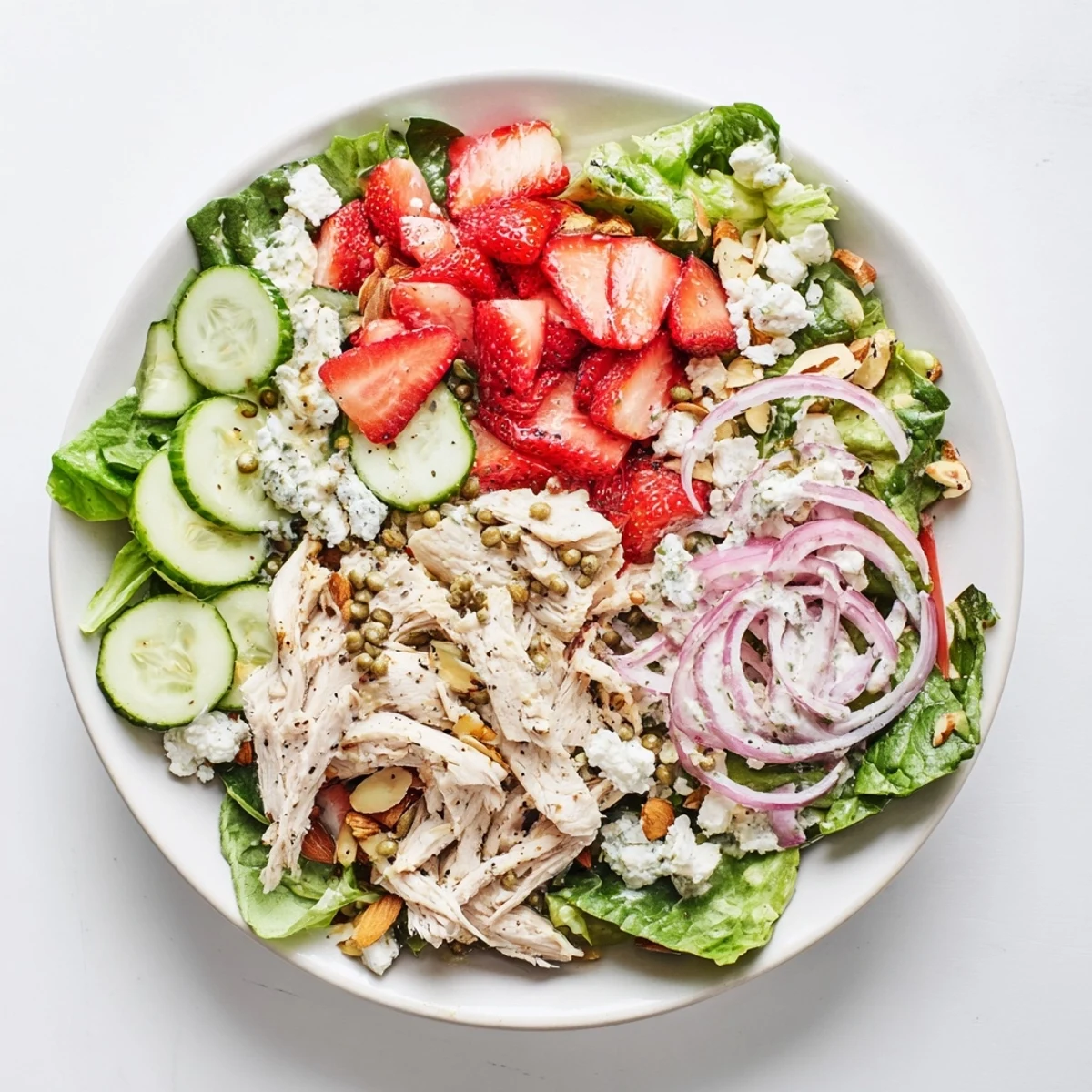 A close-up of a vibrant Strawberry Poppy Seed Chicken Salad featuring tender shredded chicken, fresh sliced strawberries, and crisp greens drizzled with creamy poppy seed dressing.