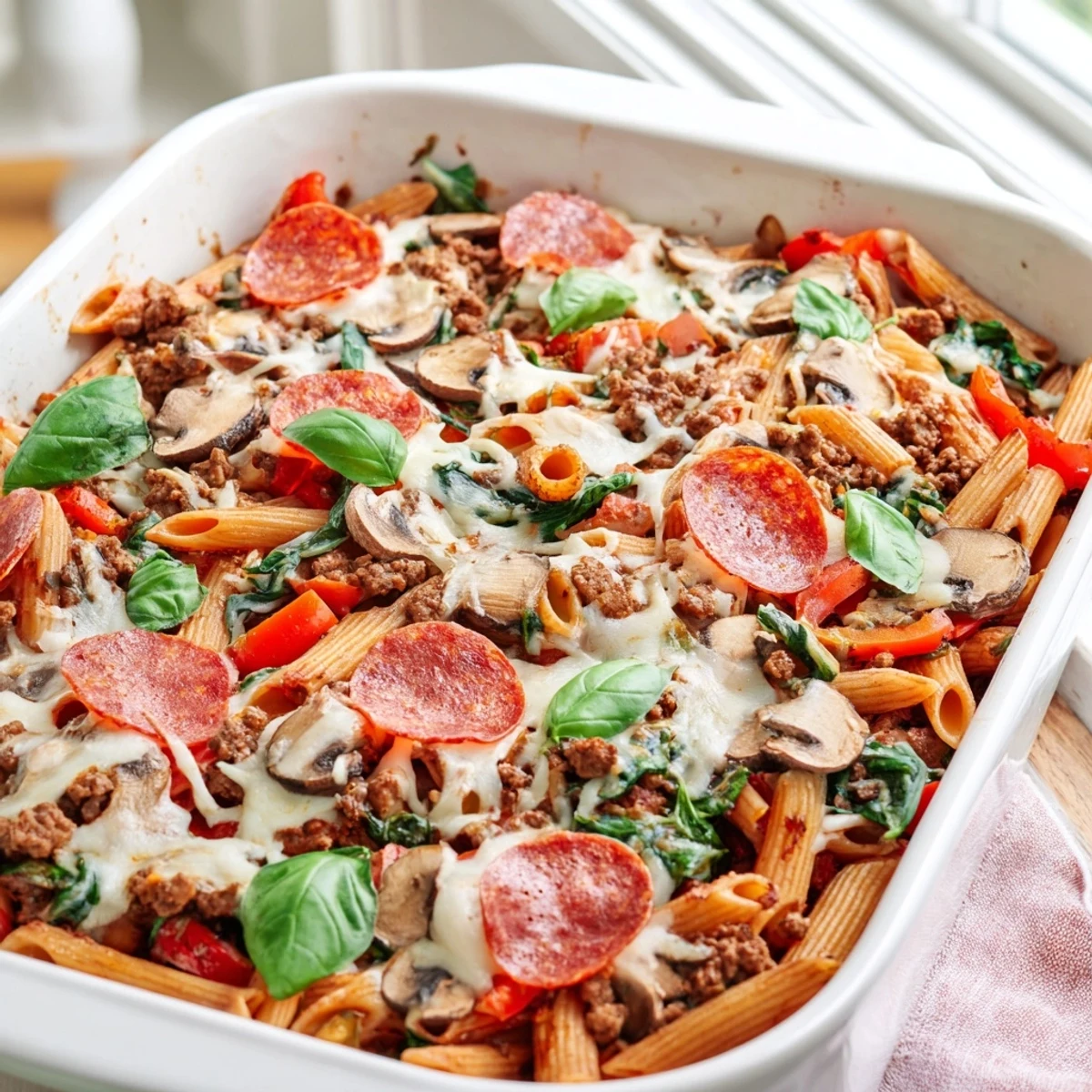 Golden melted mozzarella and Parmesan blanket a hearty High Protein Italian Beef and Pasta Bake, featuring whole wheat penne, lean ground beef, and colorful vegetables in a rich red sauce, garnished with fresh basil. 