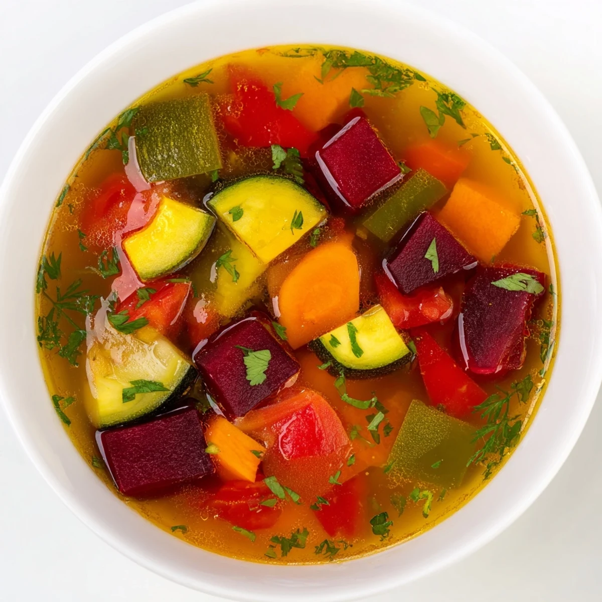 A vibrant pot of simmering Rainbow Vegetable Detox Soup featuring red beets, orange carrots, and bright green zucchini.