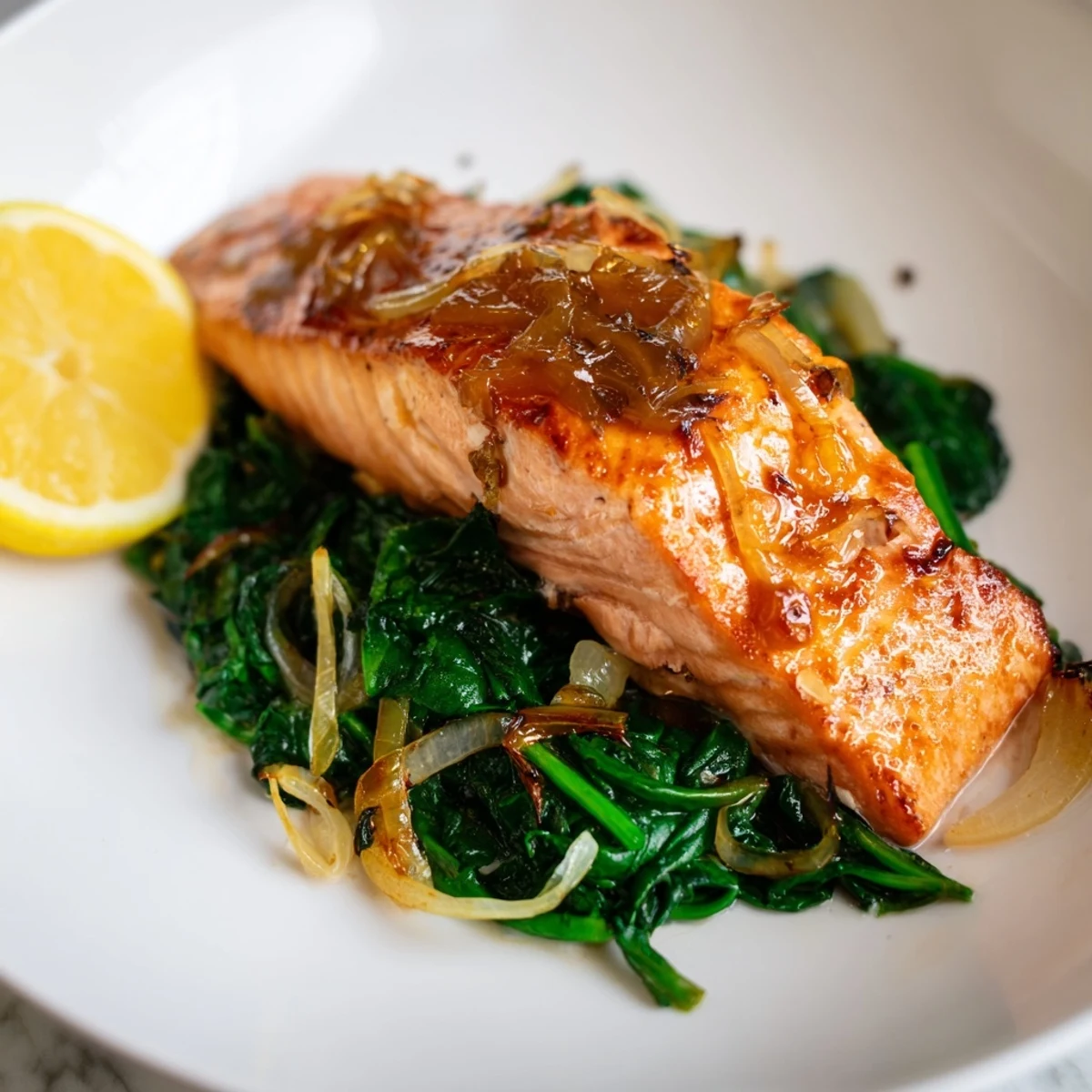 The miso salmon on sautéed spinach showcases tender, flaky fillets glistening with a savory glaze, nestled on vibrant green leaves.