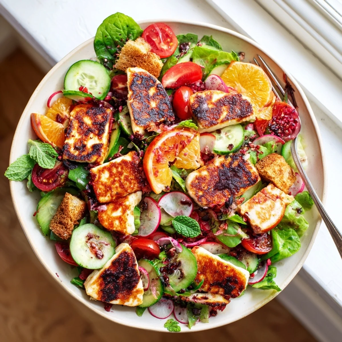 Golden-fried halloumi and blood orange slices atop a vibrant Levantine salad with crisp croutons.