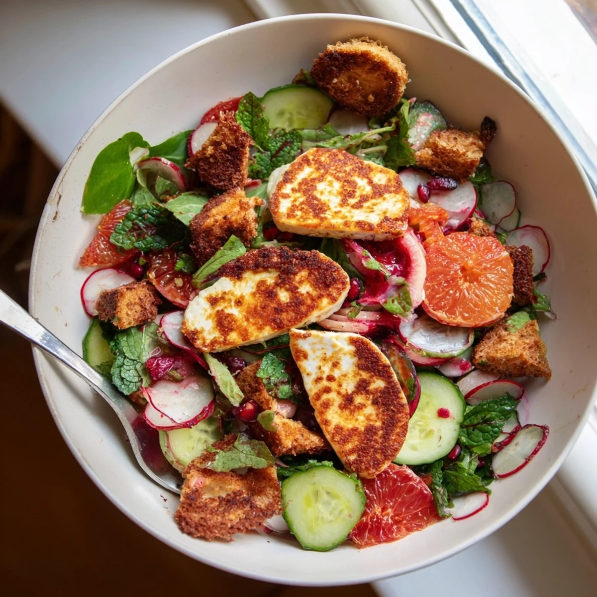 A close-up of Halloumi Blood Orange Fattoush, showcasing juicy citrus and fresh mint.
