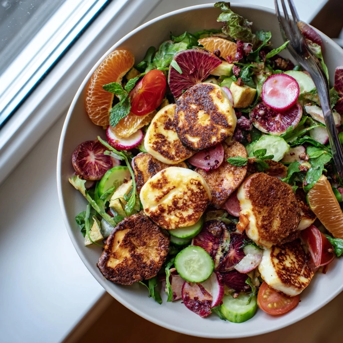 Fresh greens, tomatoes, and cucumbers tossed in a zesty sumac vinaigrette with halloumi.