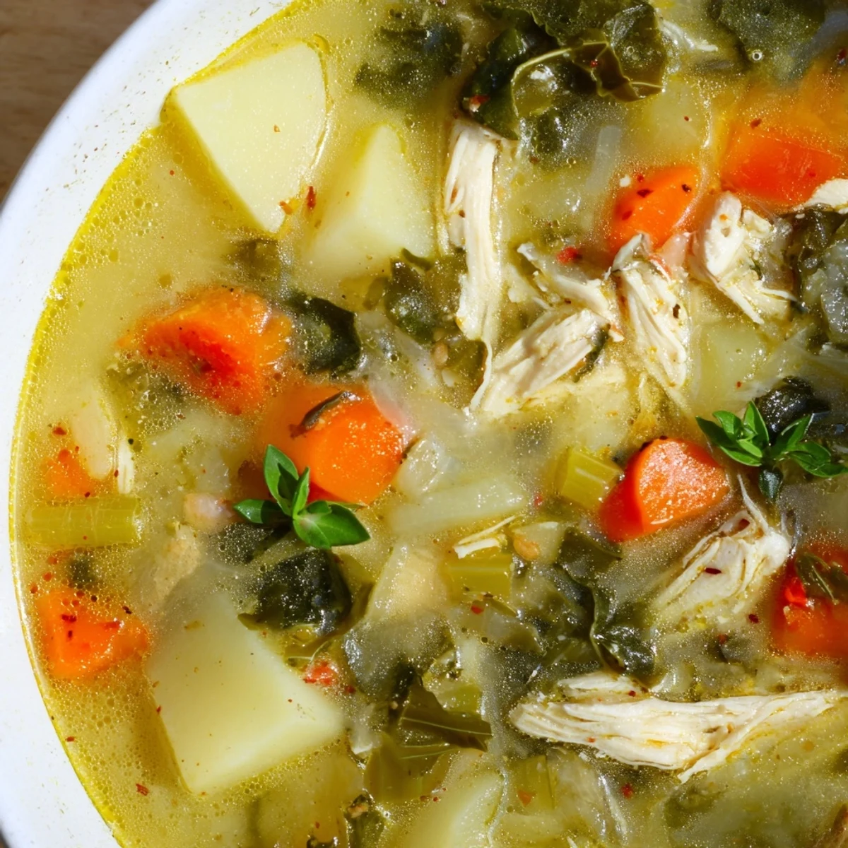 A close-up of Collard Greens, Chicken and Vegetable Soup in a rustic bowl, showcasing tender shredded chicken and bright green collard leaves.