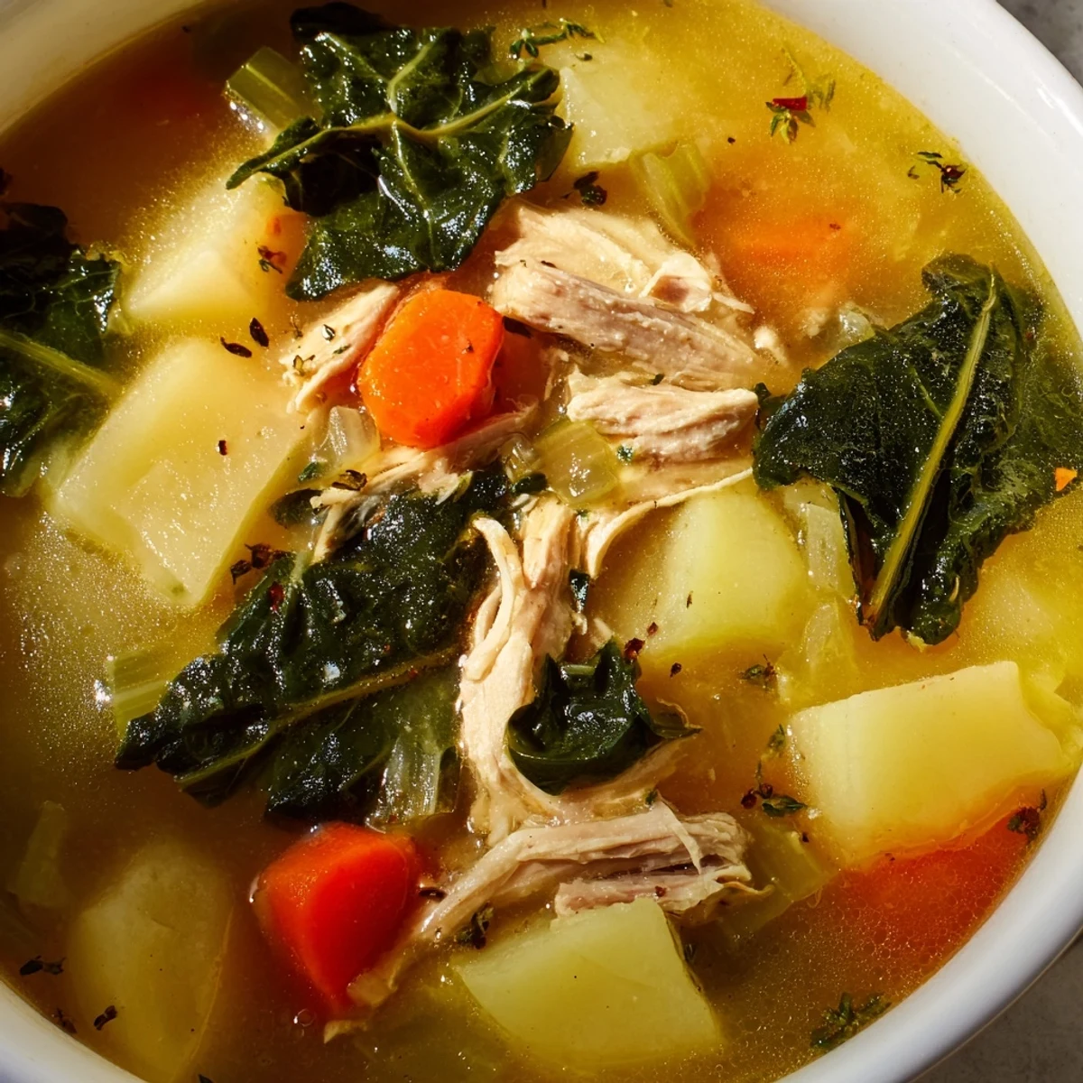 Steaming bowl of Collard Greens, Chicken and Vegetable Soup, featuring diced potatoes, carrots, and celery in a savory, herb-infused broth.