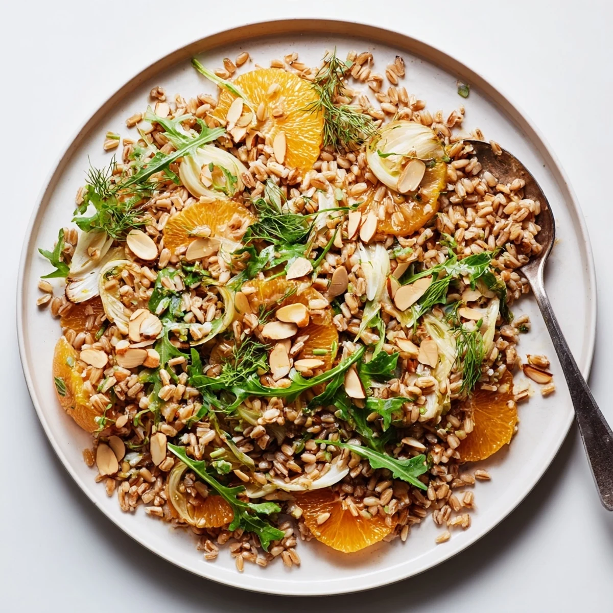 Farro salad with fennel, oranges, and almonds glistens with citrus vinaigrette on a rustic wooden table.