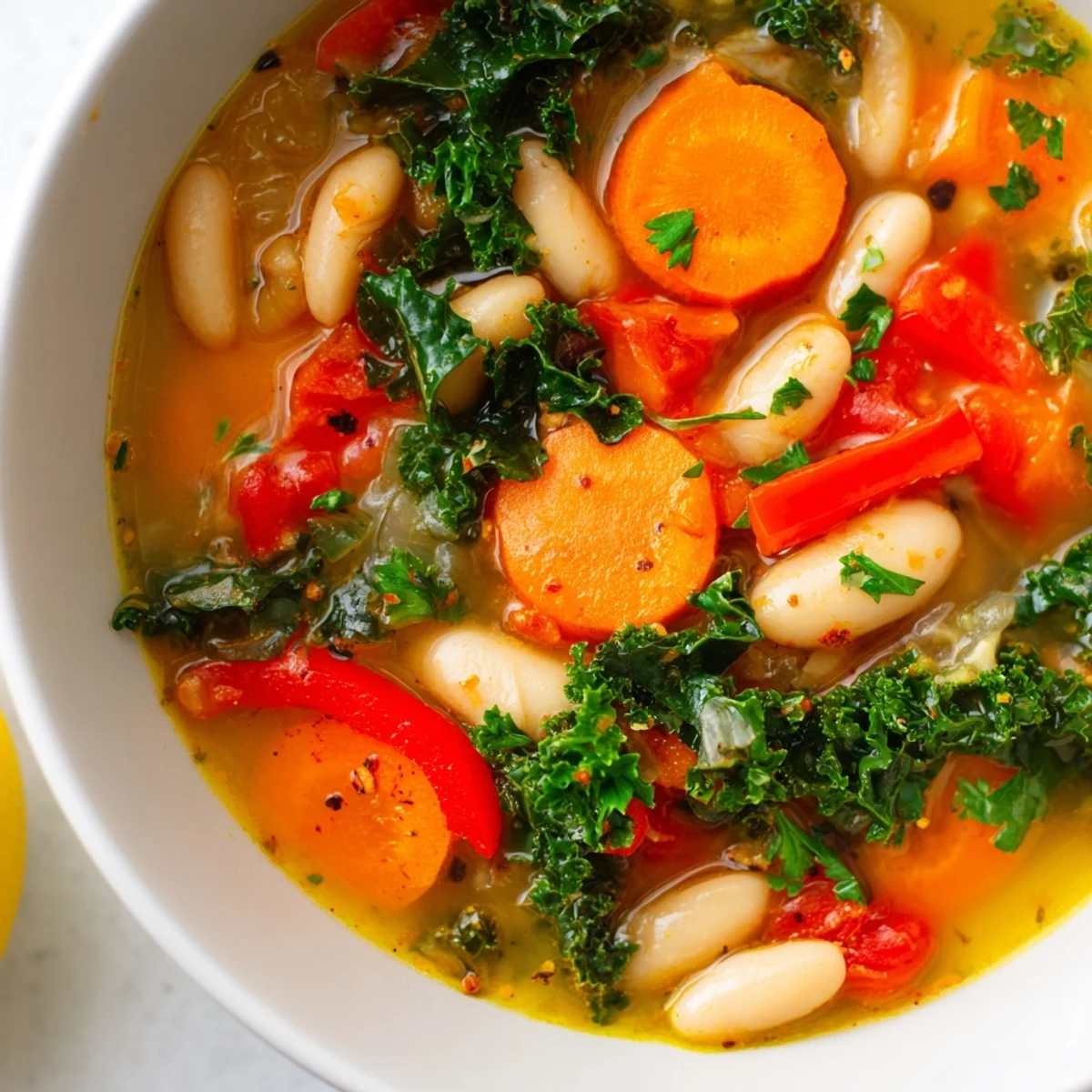 A warm bowl of Mediterranean White Bean Stew features tender beans and kale in a rich, spiced broth.