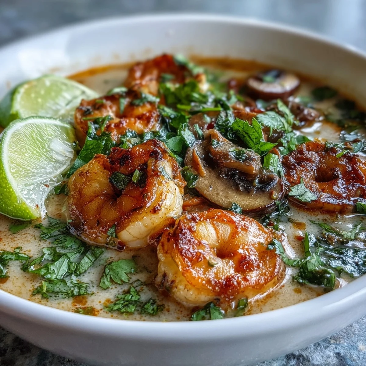 Thai Coconut Shrimp Soup simmering in a pot, with creamy coconut milk, red curry paste, and fresh sliced mushrooms.
